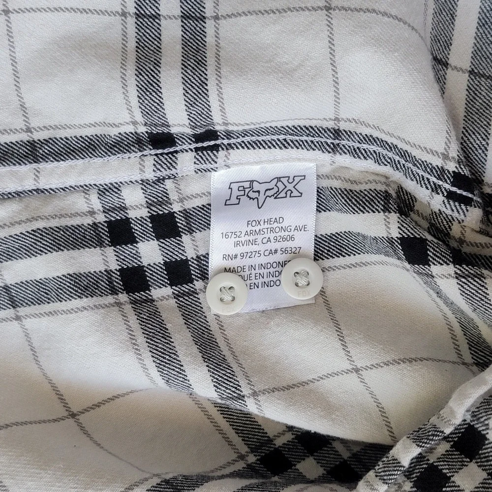 Fox Racing Flannel Shirt Mens XXL White Black Plaid Long Sleeve Cotton